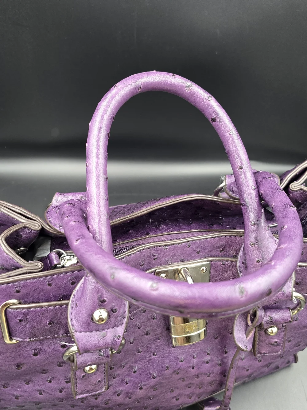 Purple Ostrich-Texture Satchel Handbag with Lock Detail